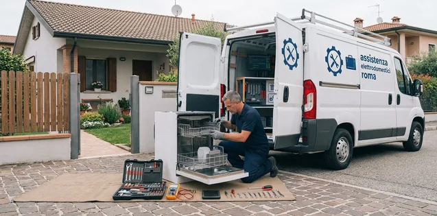 Riparazione Elettrodomestici San Giovanni Roma A Domicilio. Tecnico Che esce dal furgone per interevento a Domicilio.